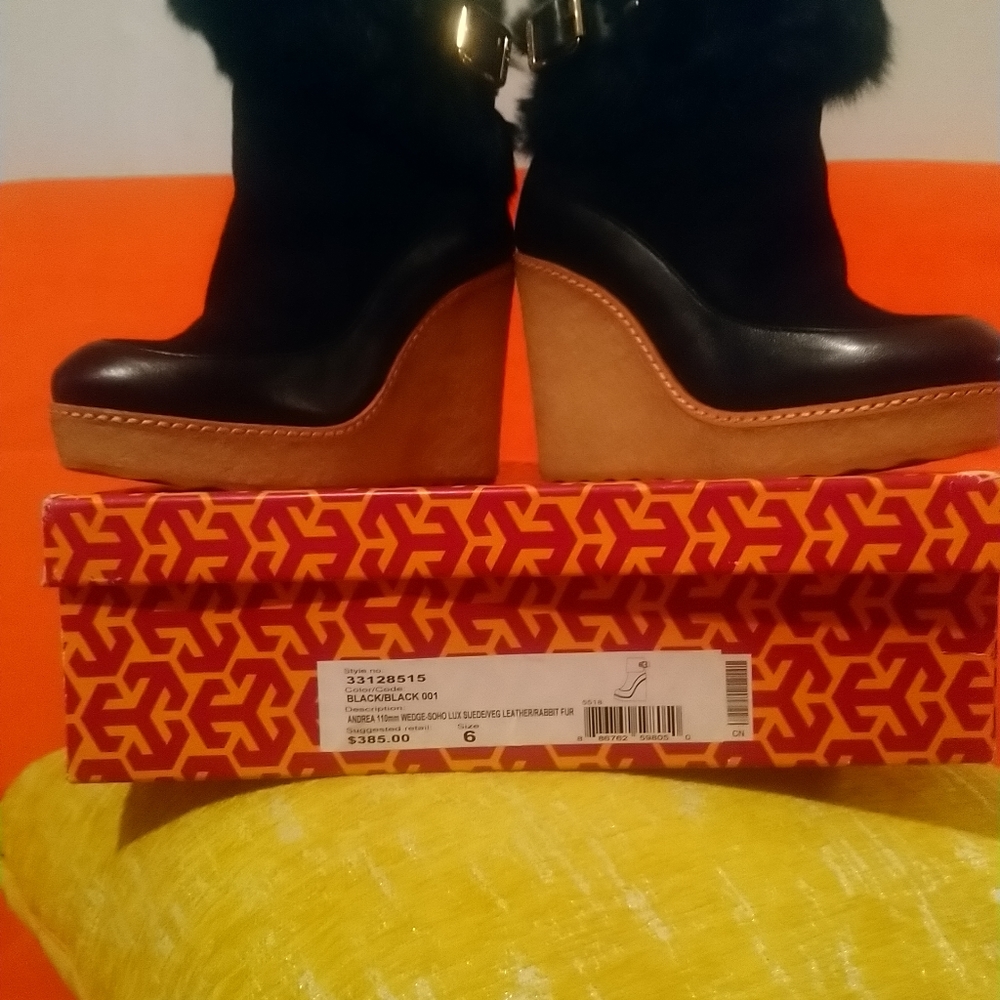 This is new wb Andrea 110 mm wedge-soho lux suede/leather/rabbit fur booties.